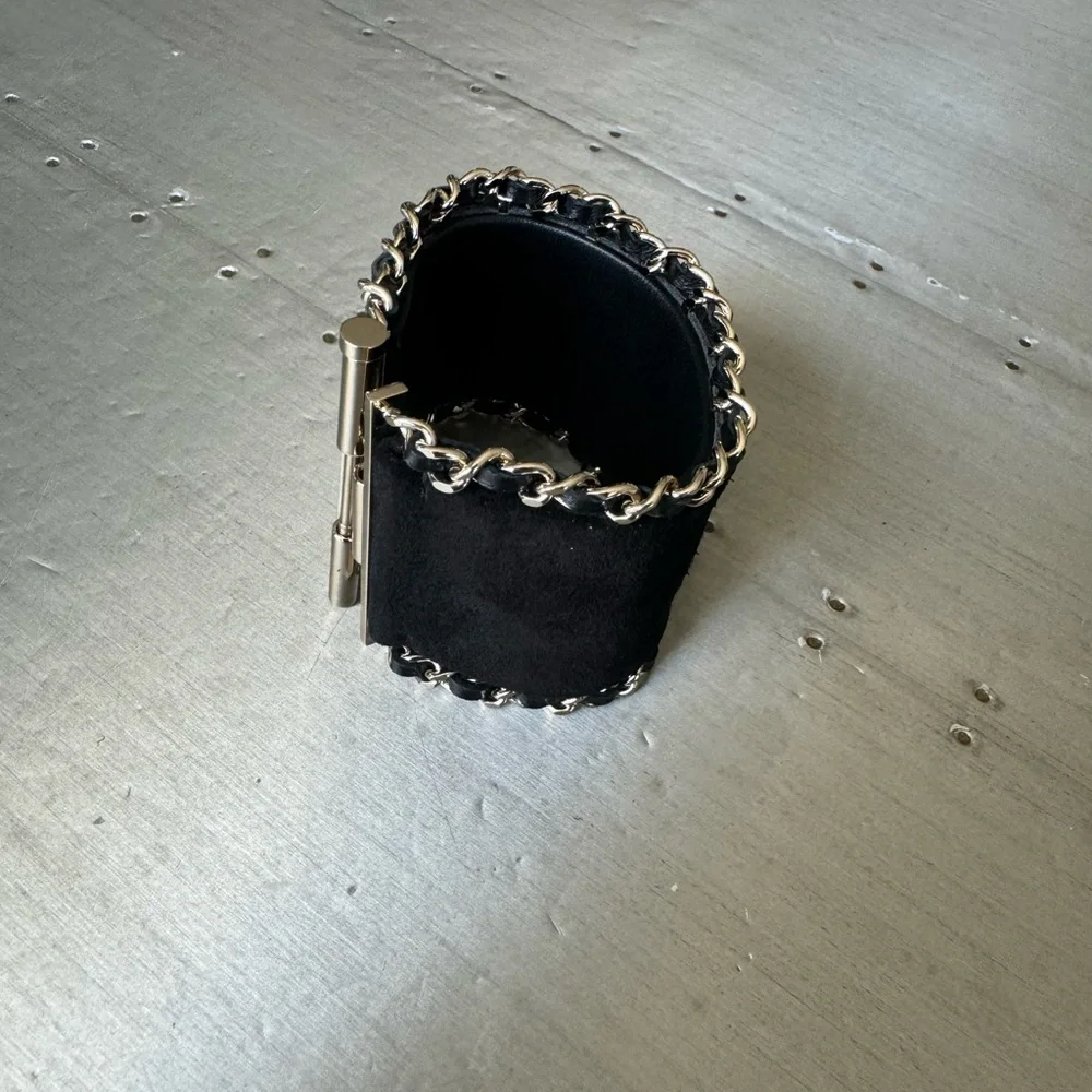 Chanel black suede chain cuff logo bracelet rare Preowned authentic